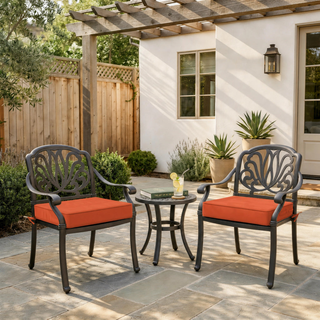 Orange Red outdoor seat cushions for patio chairs and outdoor furniture.