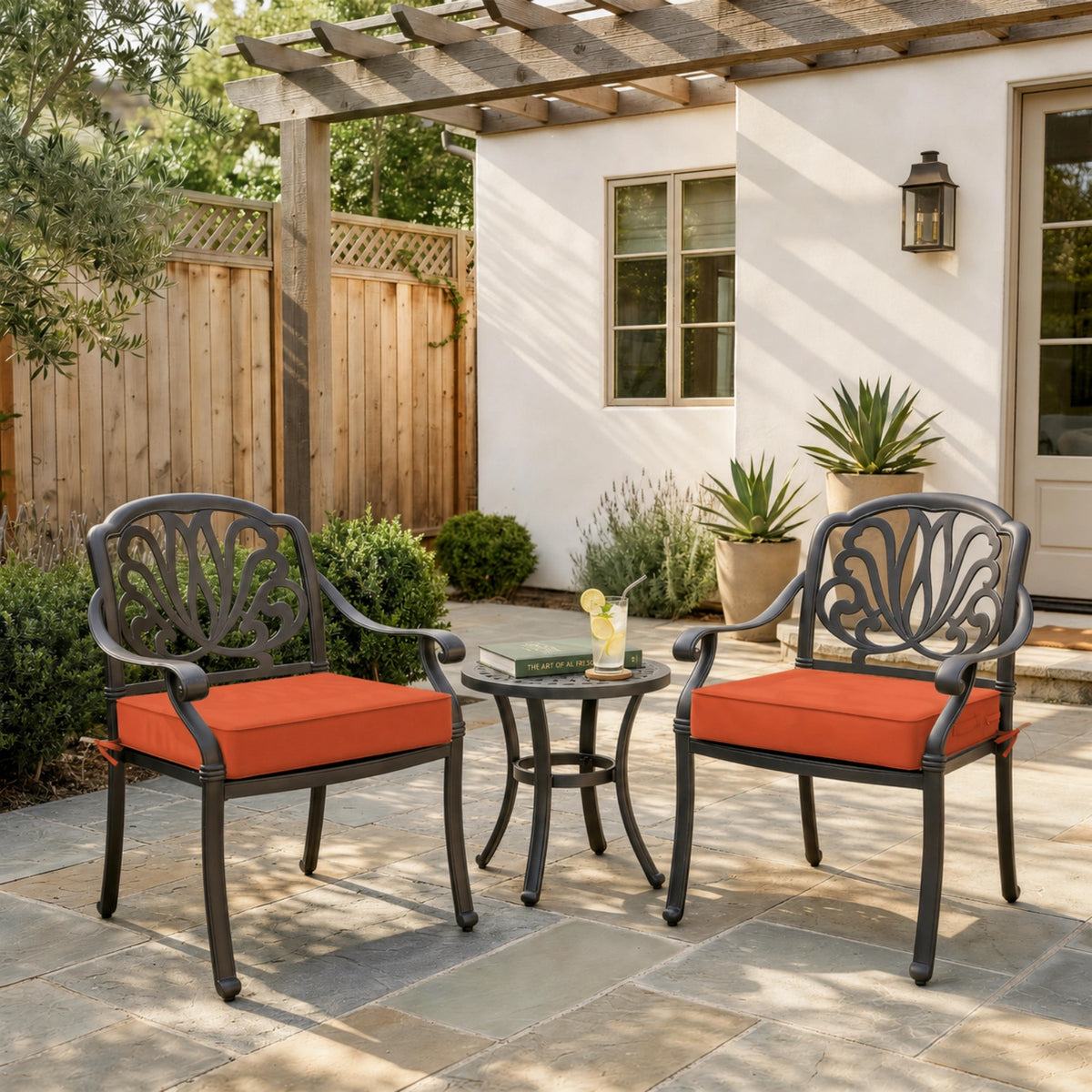 Orange Red outdoor seat cushions for patio chairs and outdoor furniture.