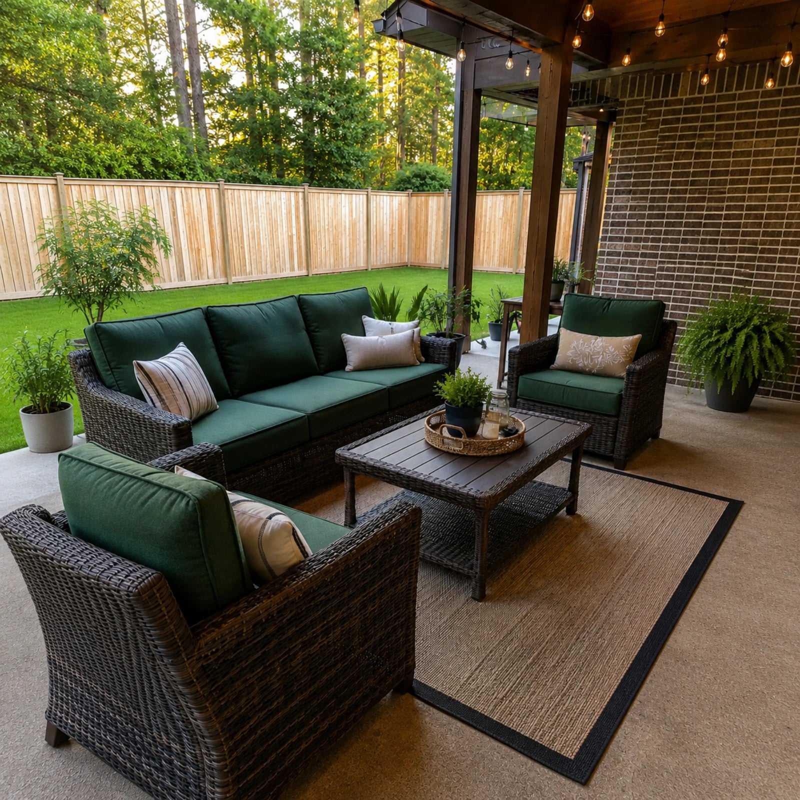 Outdoor patio with wicker seating and green cushion upholstered cushions, coffee table and garden view.