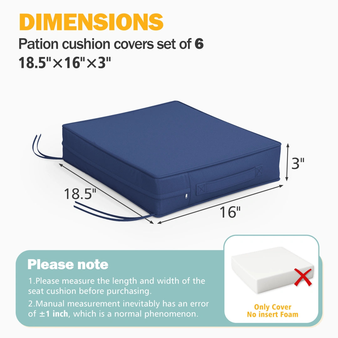 Patio cushion covers set of 6 showing outdoor seat cushion cover dimensions and thickness for replacement outdoor cushion covers with tie straps. Cushion cover only, foam insert not included.