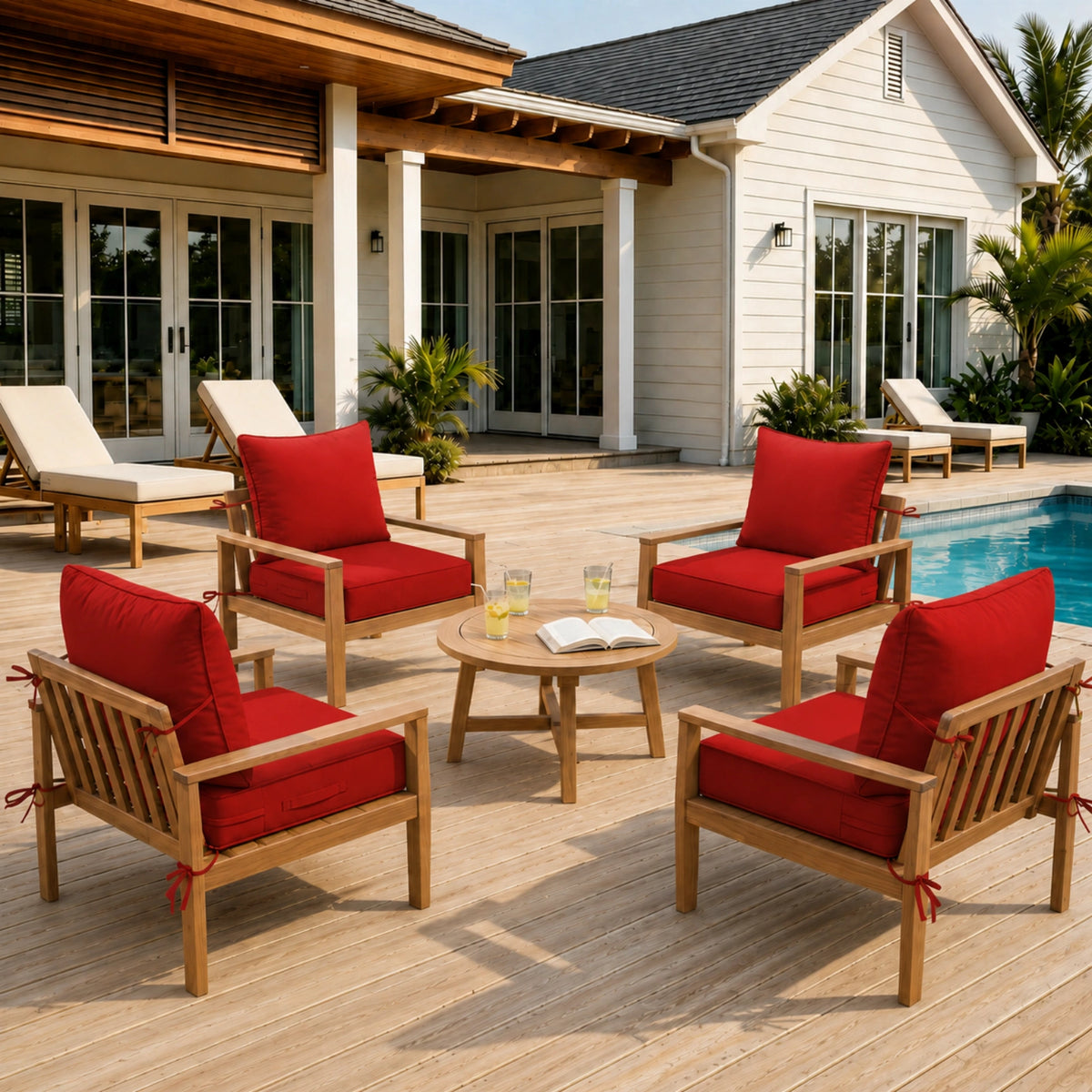 Red 4 piece outdoor deep seat cushion set arranged on patio chairs for comfortable outdoor seating.