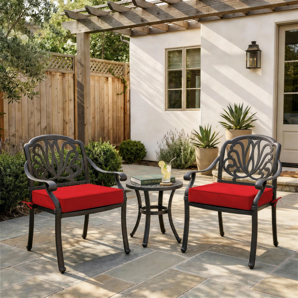 Red outdoor seat cushions for patio chairs and outdoor furniture.