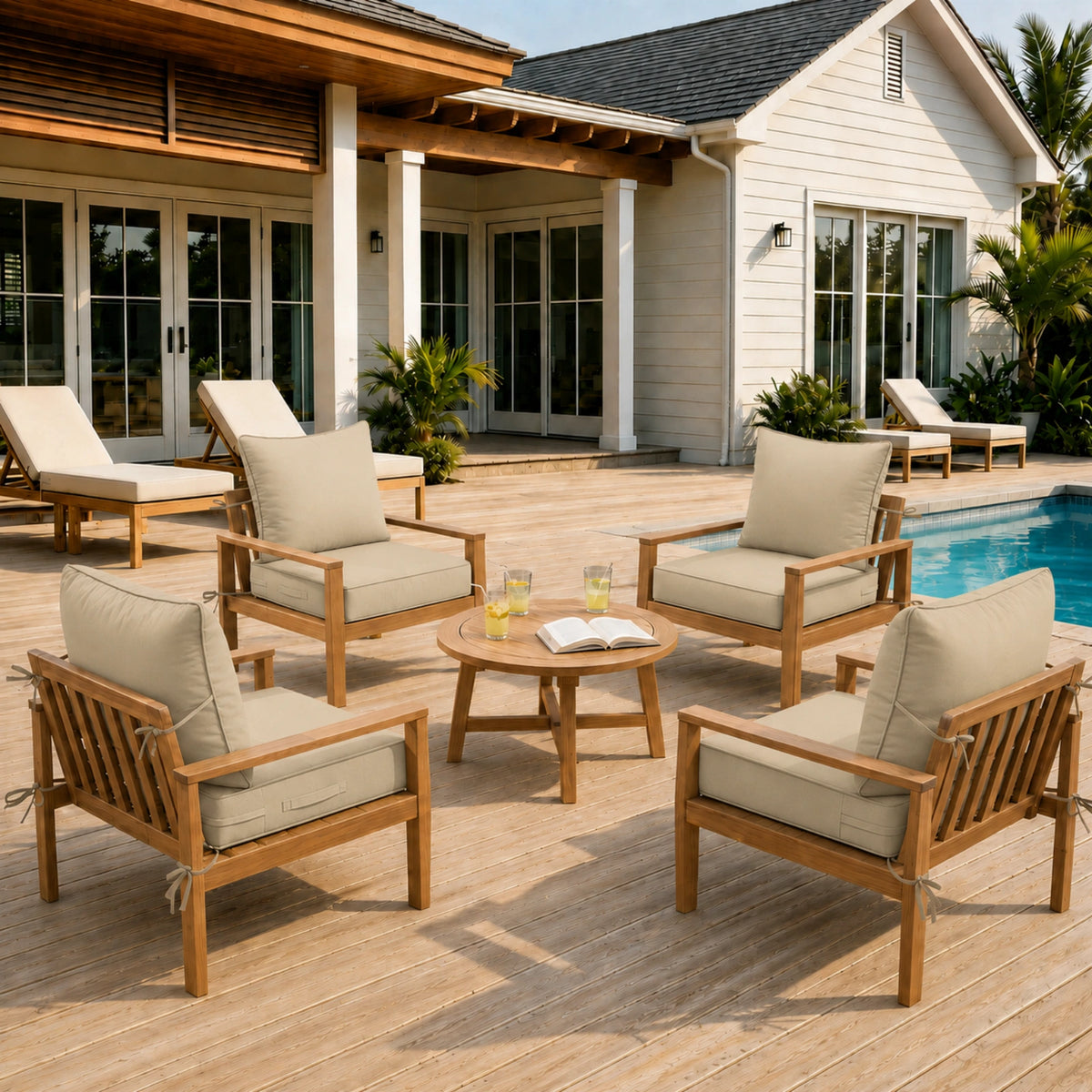 Sand 4 piece outdoor deep seat cushion set arranged on patio chairs for comfortable outdoor seating.