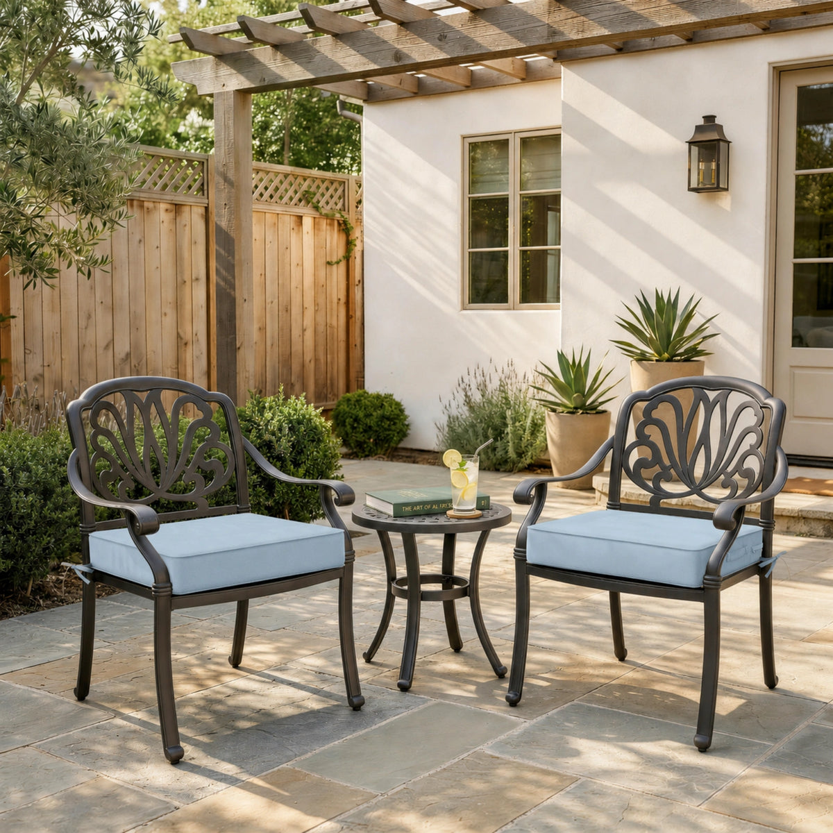 Sky Blue outdoor seat cushions for patio chairs and outdoor furniture.