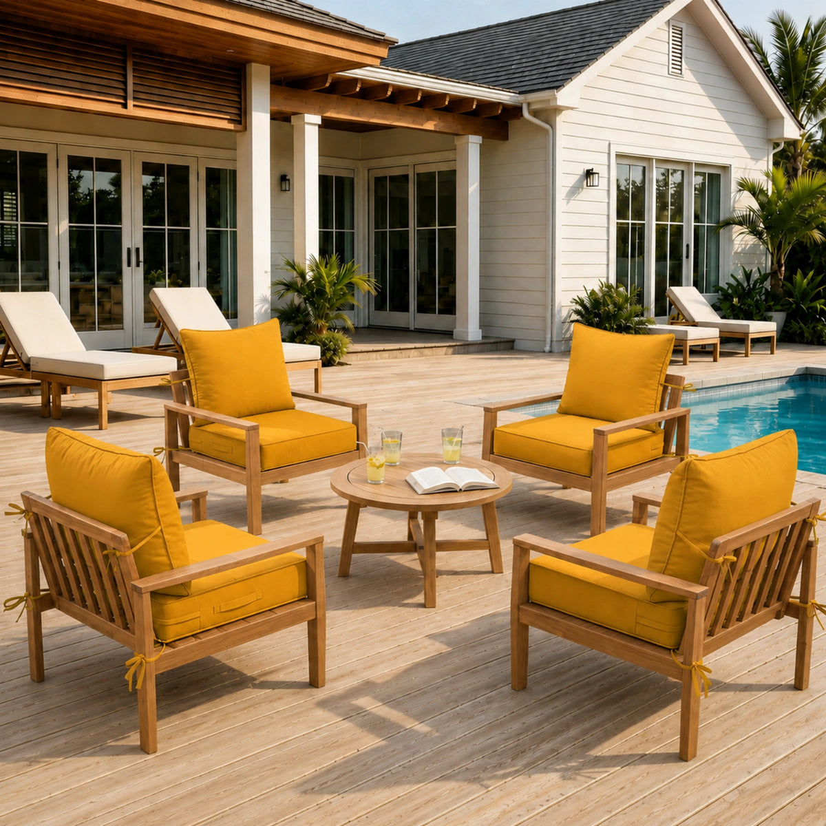 Yellow 4 piece outdoor deep seat cushion set arranged on patio chairs for comfortable outdoor seating.