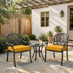 Yellow outdoor seat cushions for patio chairs and outdoor furniture.