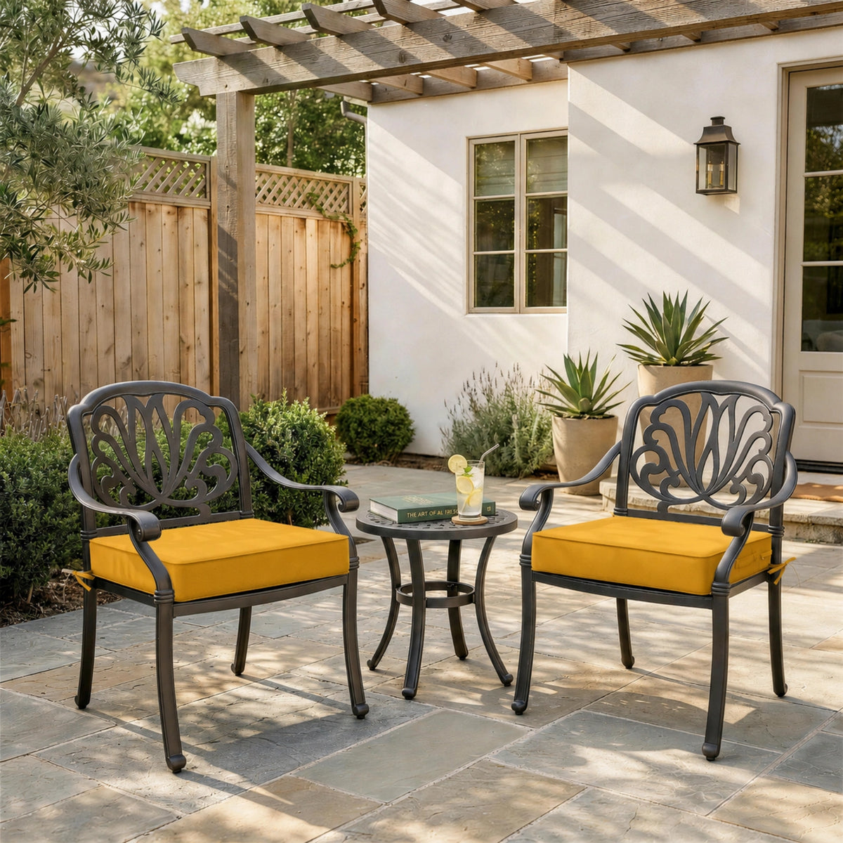 Yellow outdoor seat cushions for patio chairs and outdoor furniture.