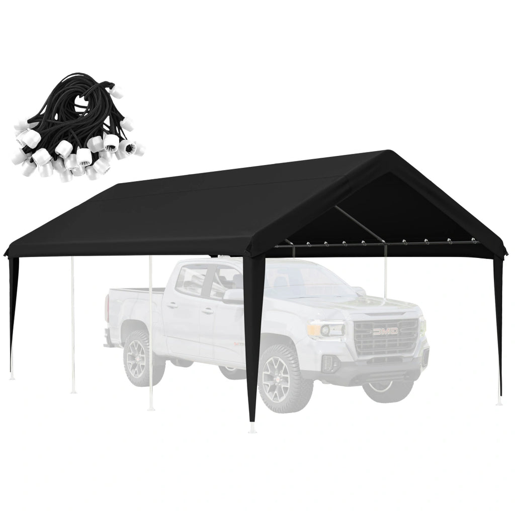 Black heavy duty carport cover with waterproof UV-resistant tarp fabric and elastic ball bungees for secure installation.