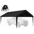 Black heavy duty carport cover with waterproof UV-resistant tarp fabric and elastic ball bungees for secure installation.