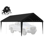Black heavy duty carport cover with waterproof UV-resistant tarp fabric and elastic ball bungees for secure installation.