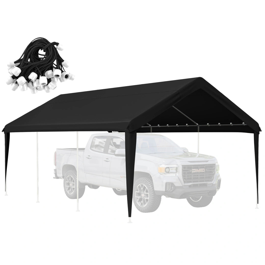 Black heavy duty carport cover with waterproof UV-resistant tarp fabric and elastic ball bungees for secure installation.