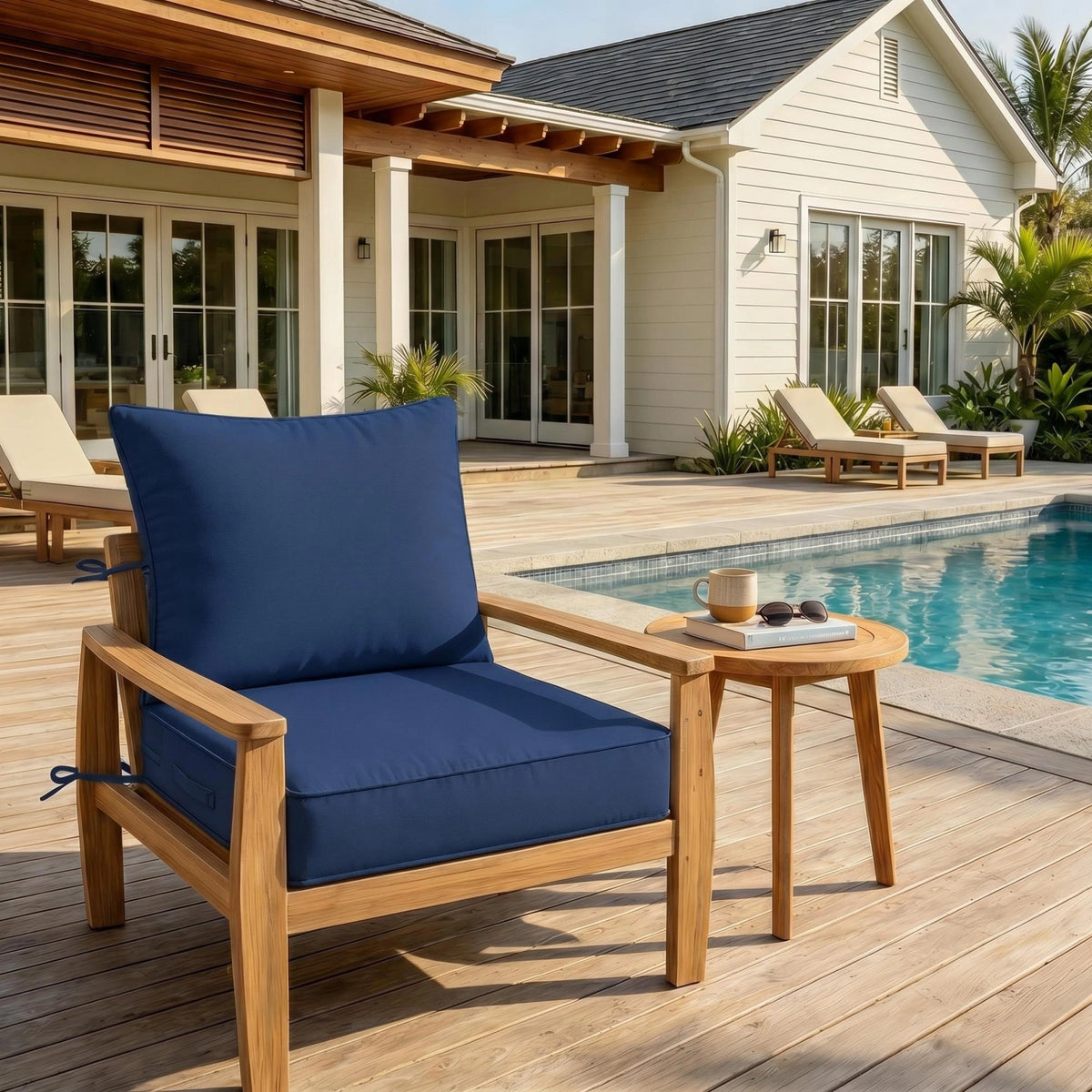 Blue deep seat cushion on patio chair with poolside outdoor furniture setting.