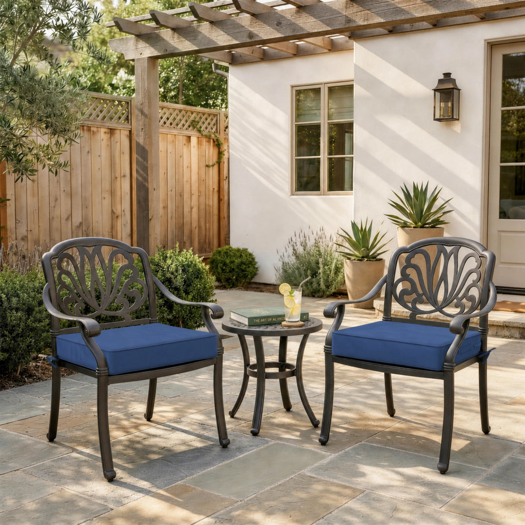 blue outdoor seat cushions for patio chairs and outdoor furniture.