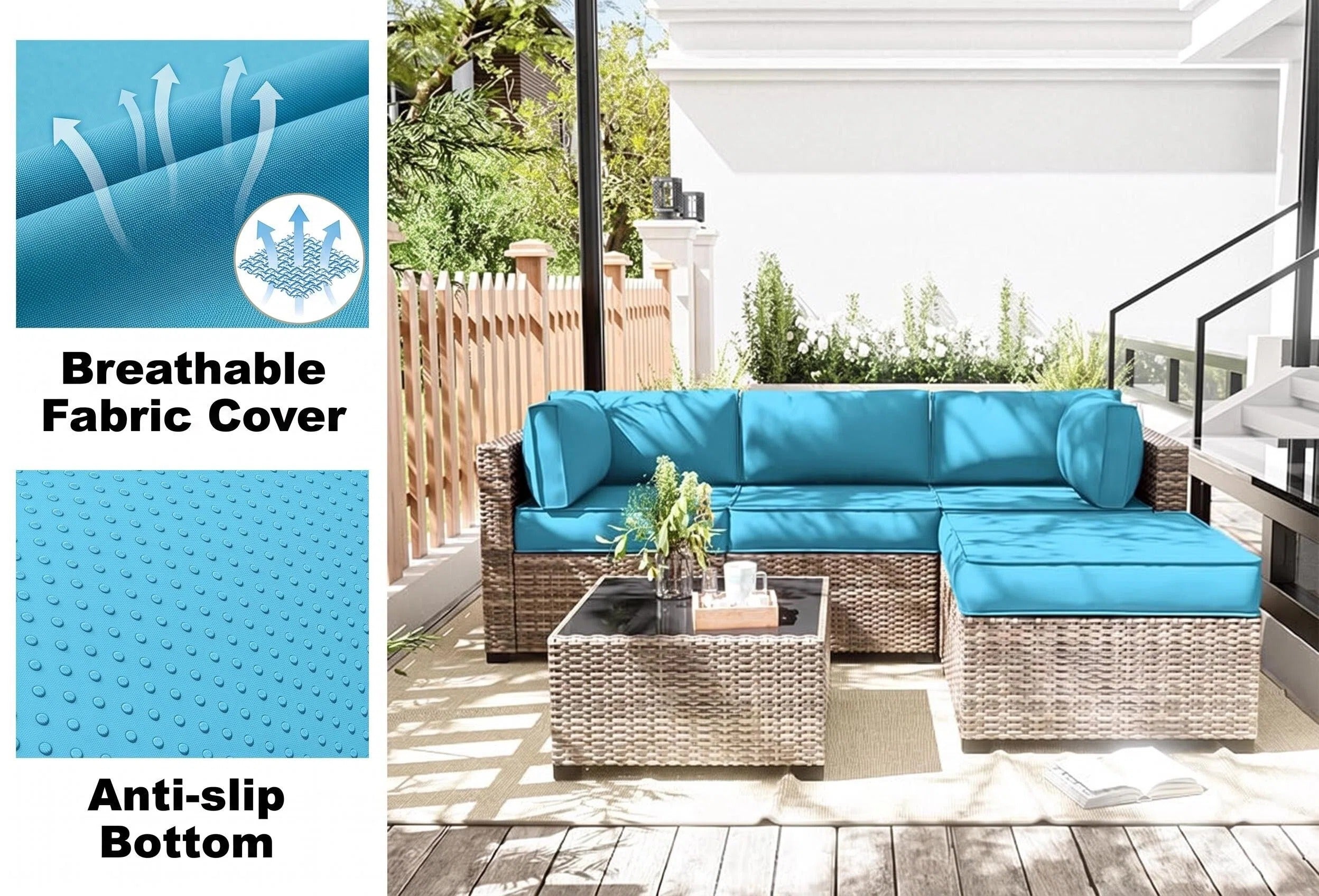 Breathable blue patio sectional cushion covers with anti-slip bottom for outdoor wicker furniture.