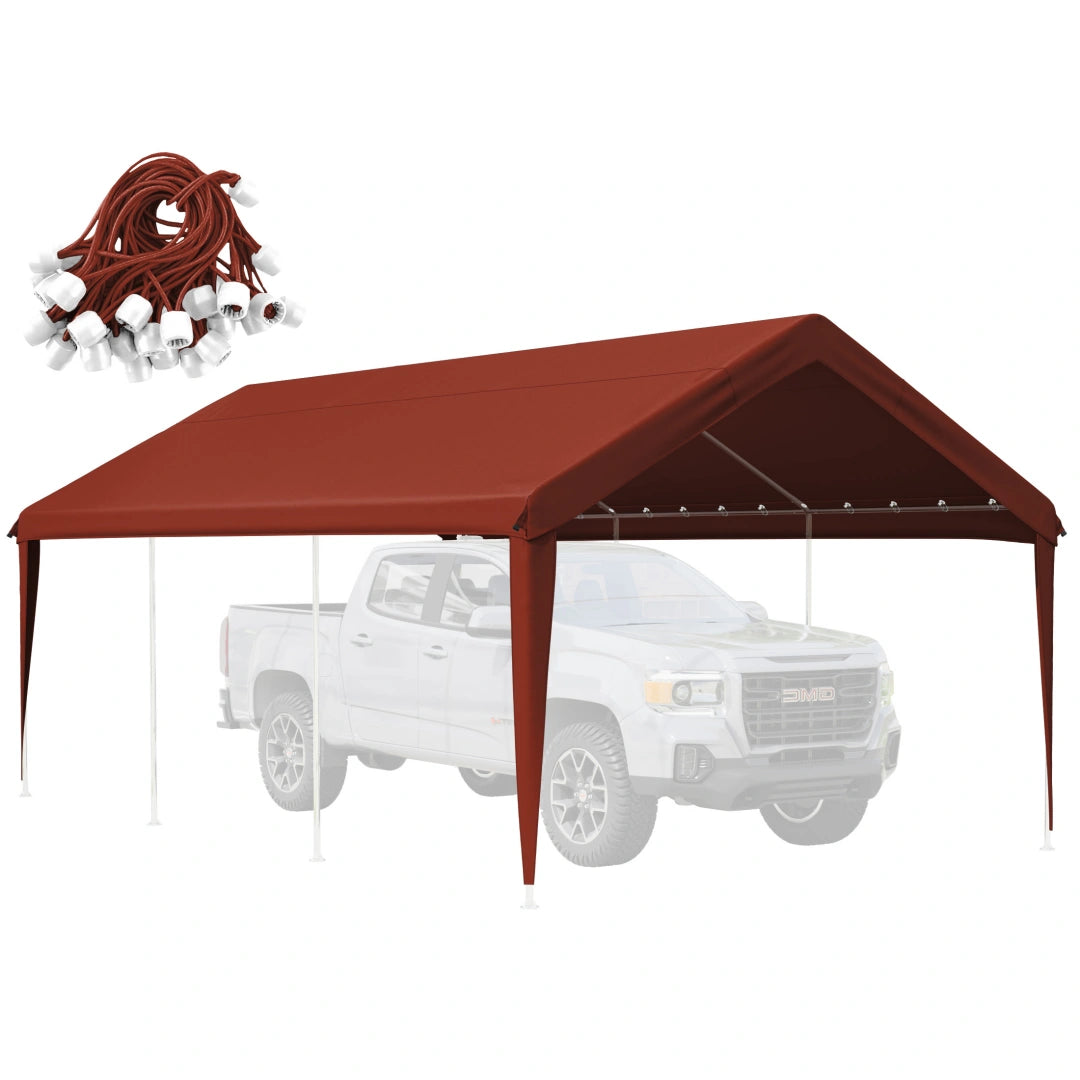 Burgundy heavy duty carport cover replacement with waterproof UV-resistant canopy tarp and bungee installation.