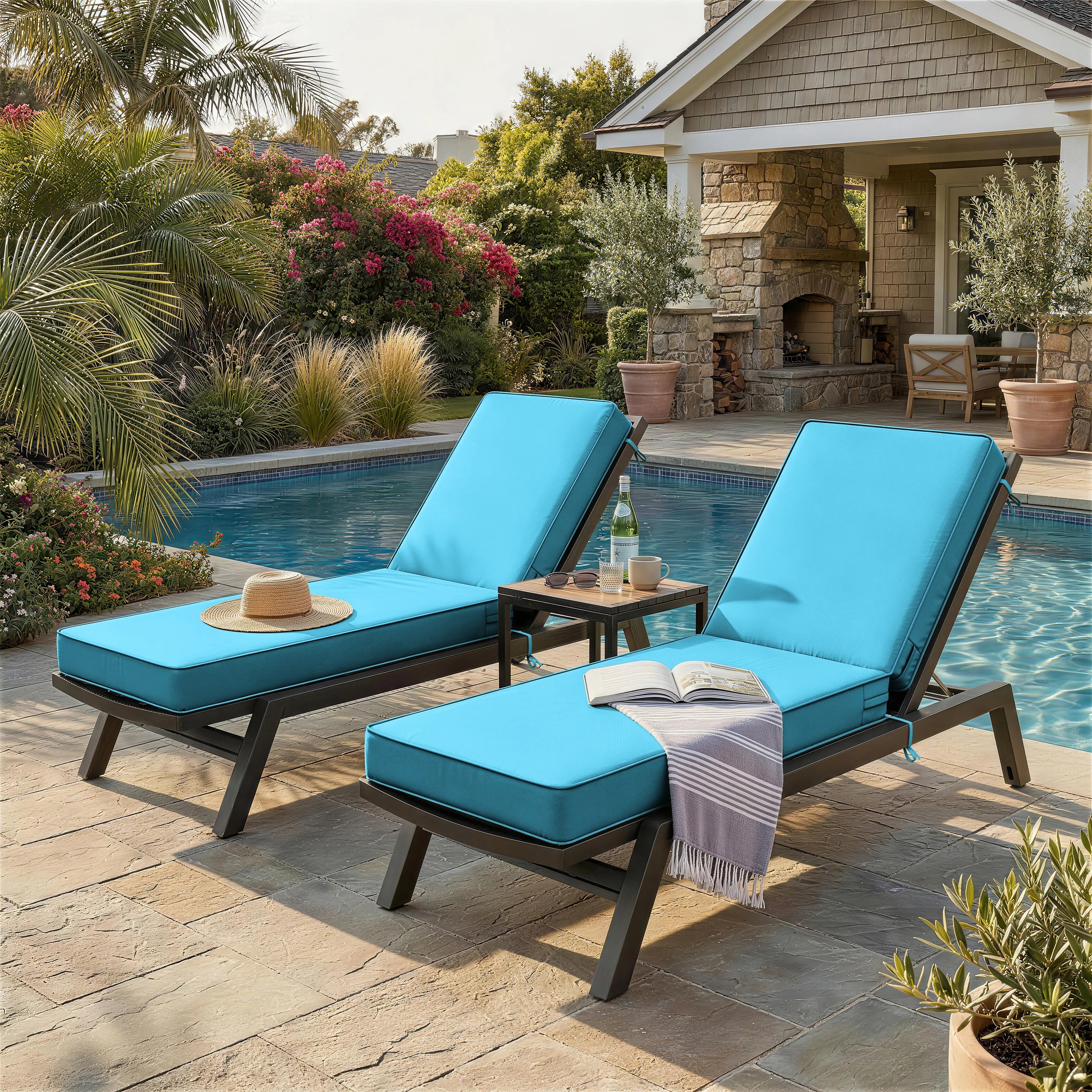 2 Pack Outdoor Chaise Lounge Cushions Aqua Blue