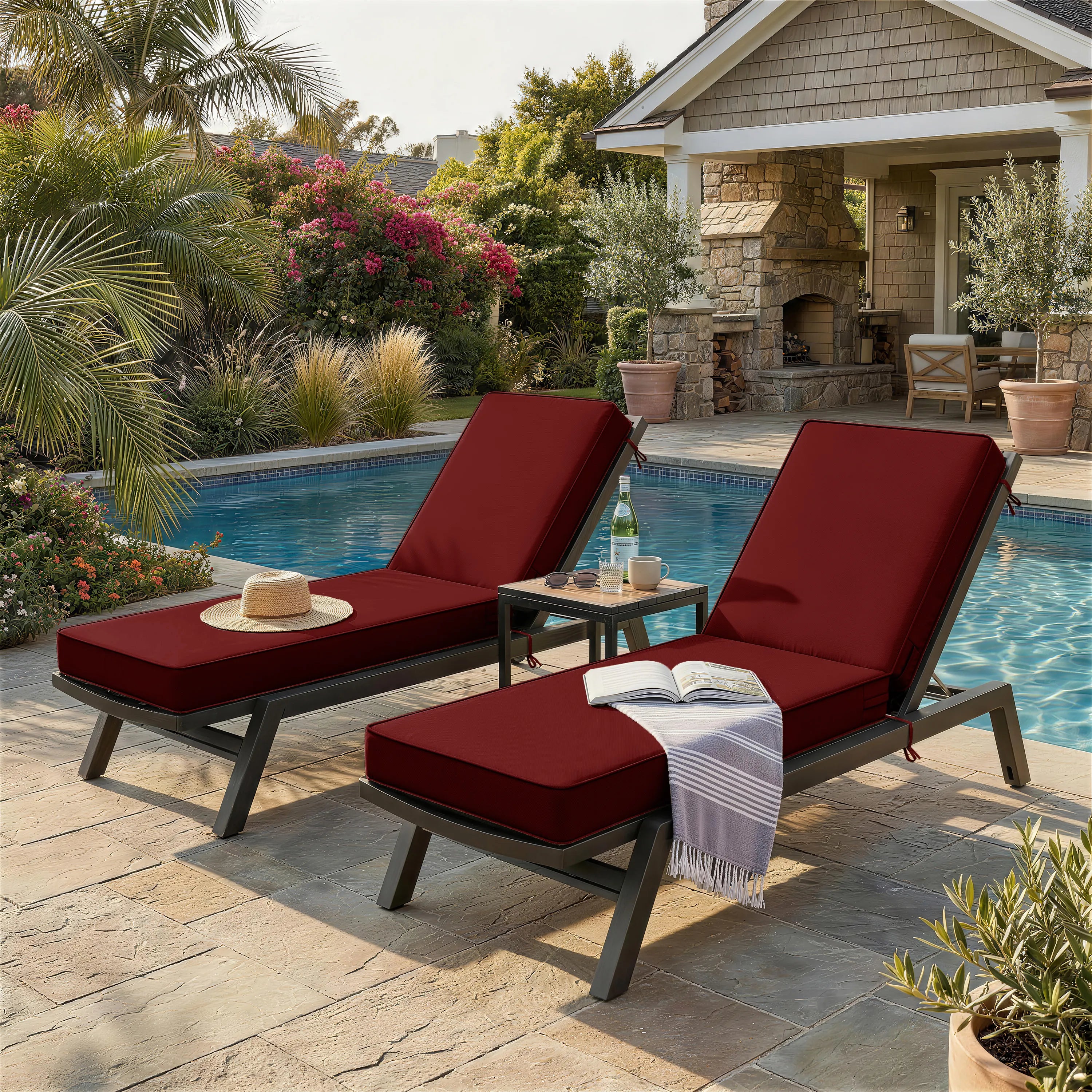 2 Pack Outdoor Chaise Lounge Cushions Burgundy