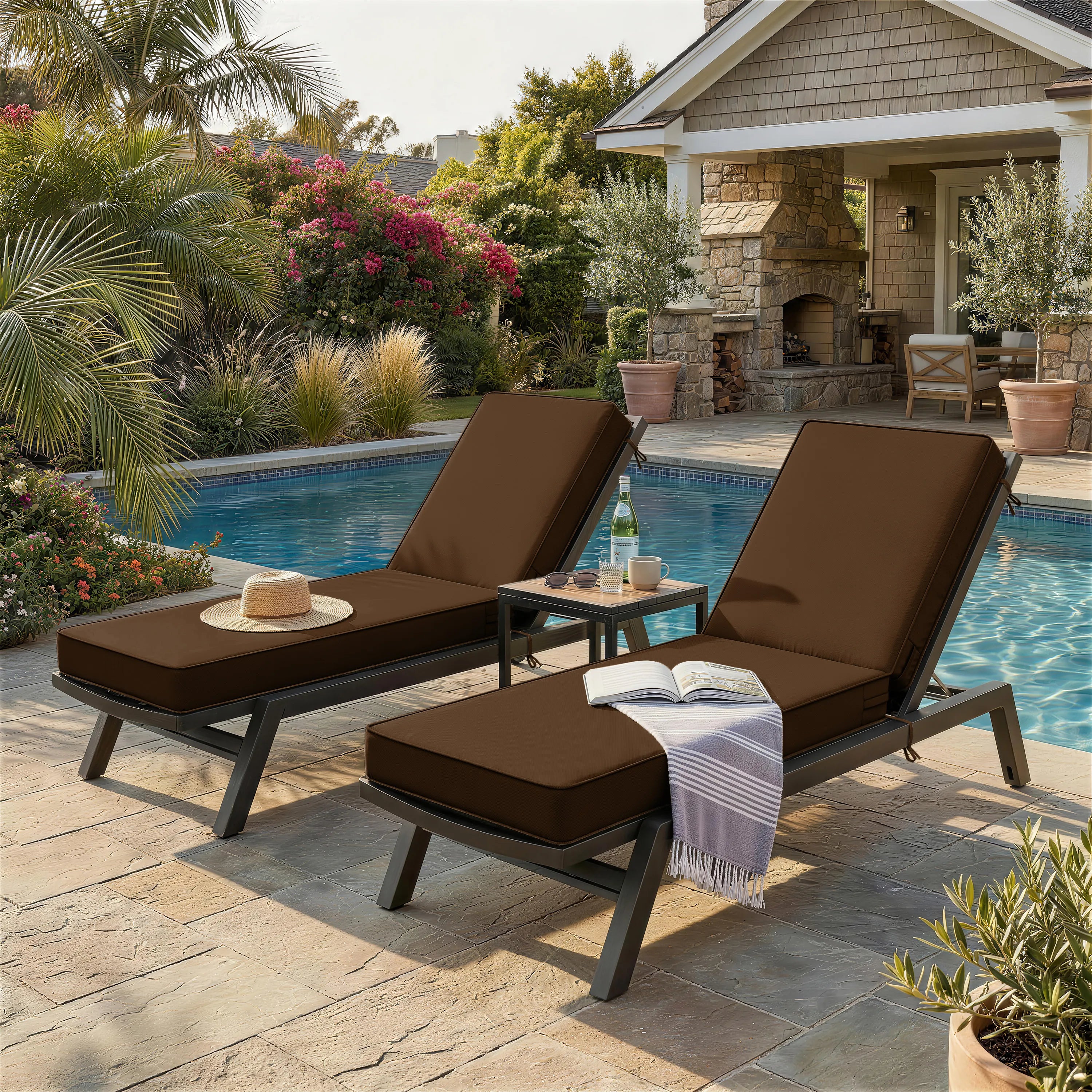 2 Pack Outdoor Chaise Lounge Cushions Brown