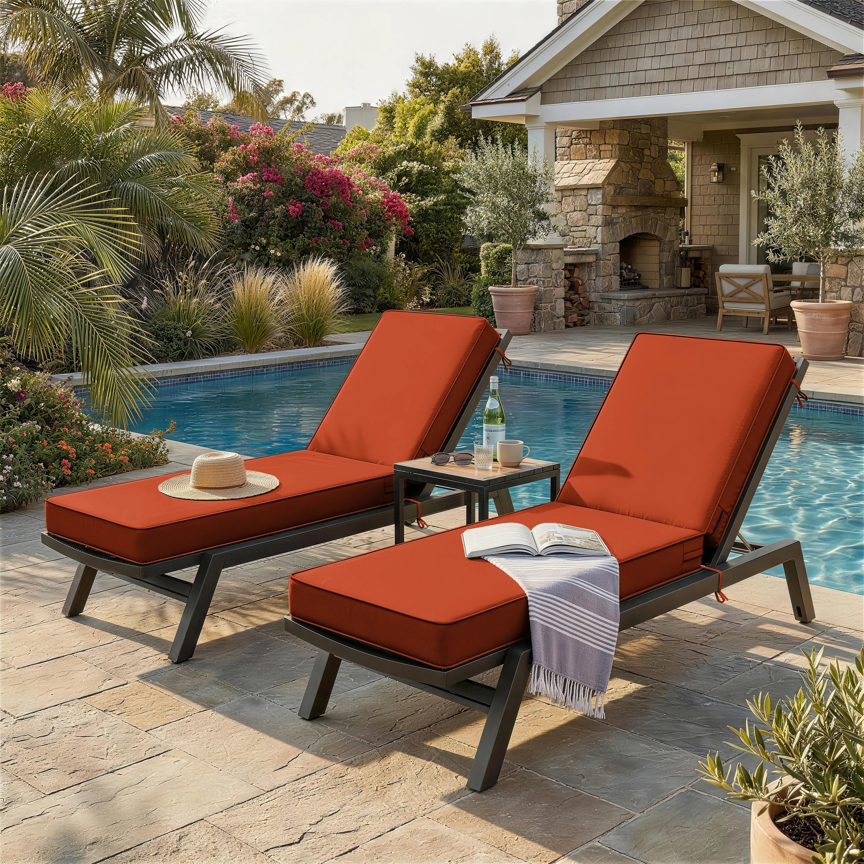 2 Pack Outdoor Chaise Lounge Cushions Orange Red