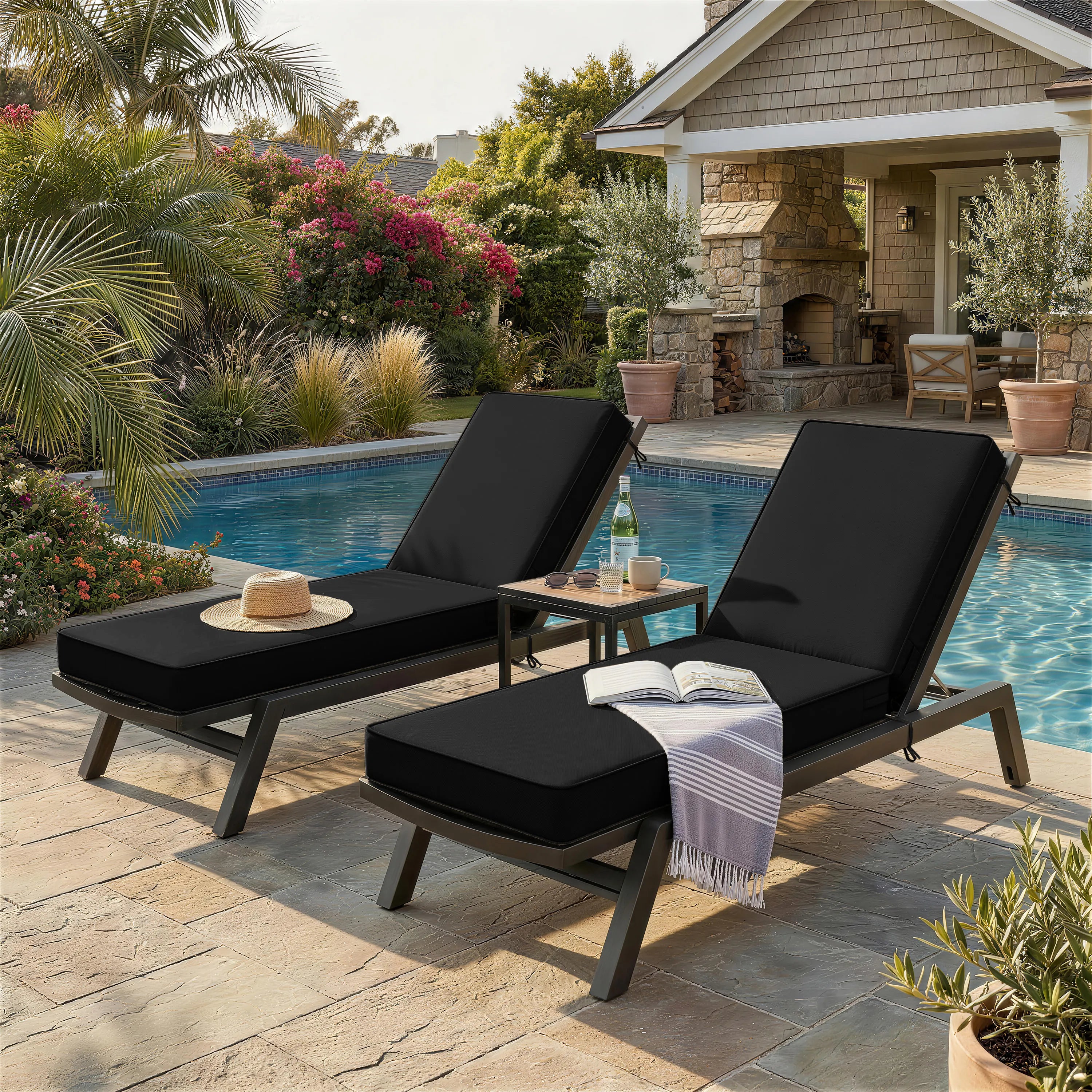 2 Pack Outdoor Chaise Lounge Cushions Black