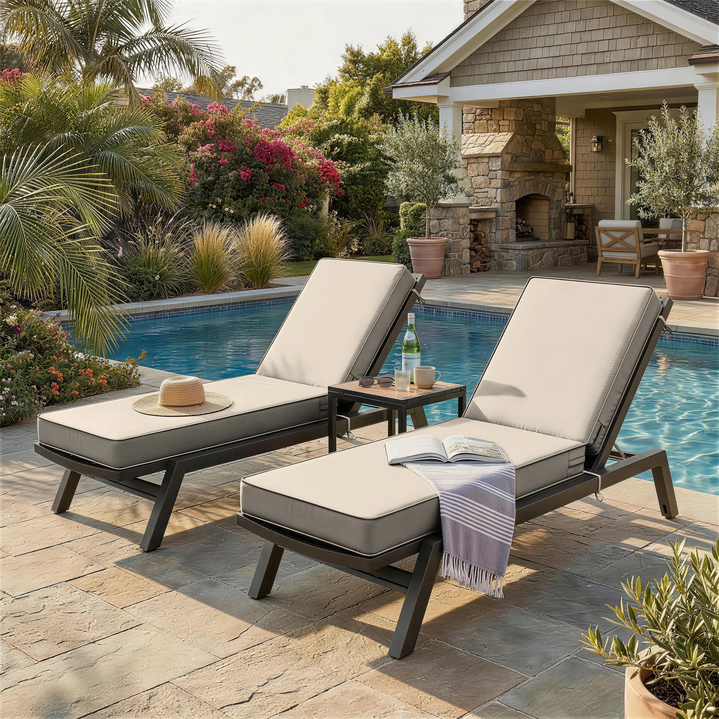 2 Pack Outdoor Chaise Lounge Cushions Cream