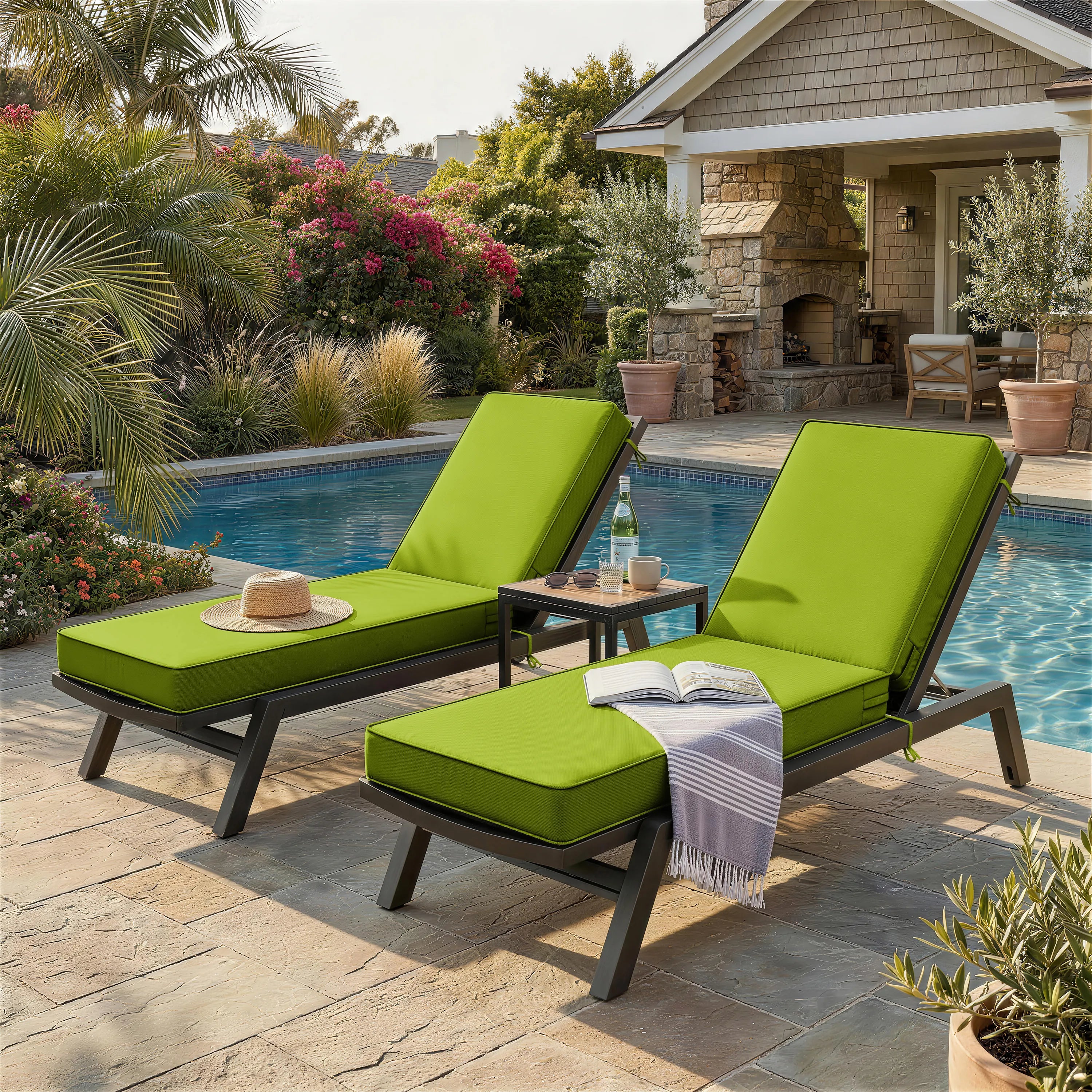 2 Pack Outdoor Chaise Lounge Cushions Grass Green