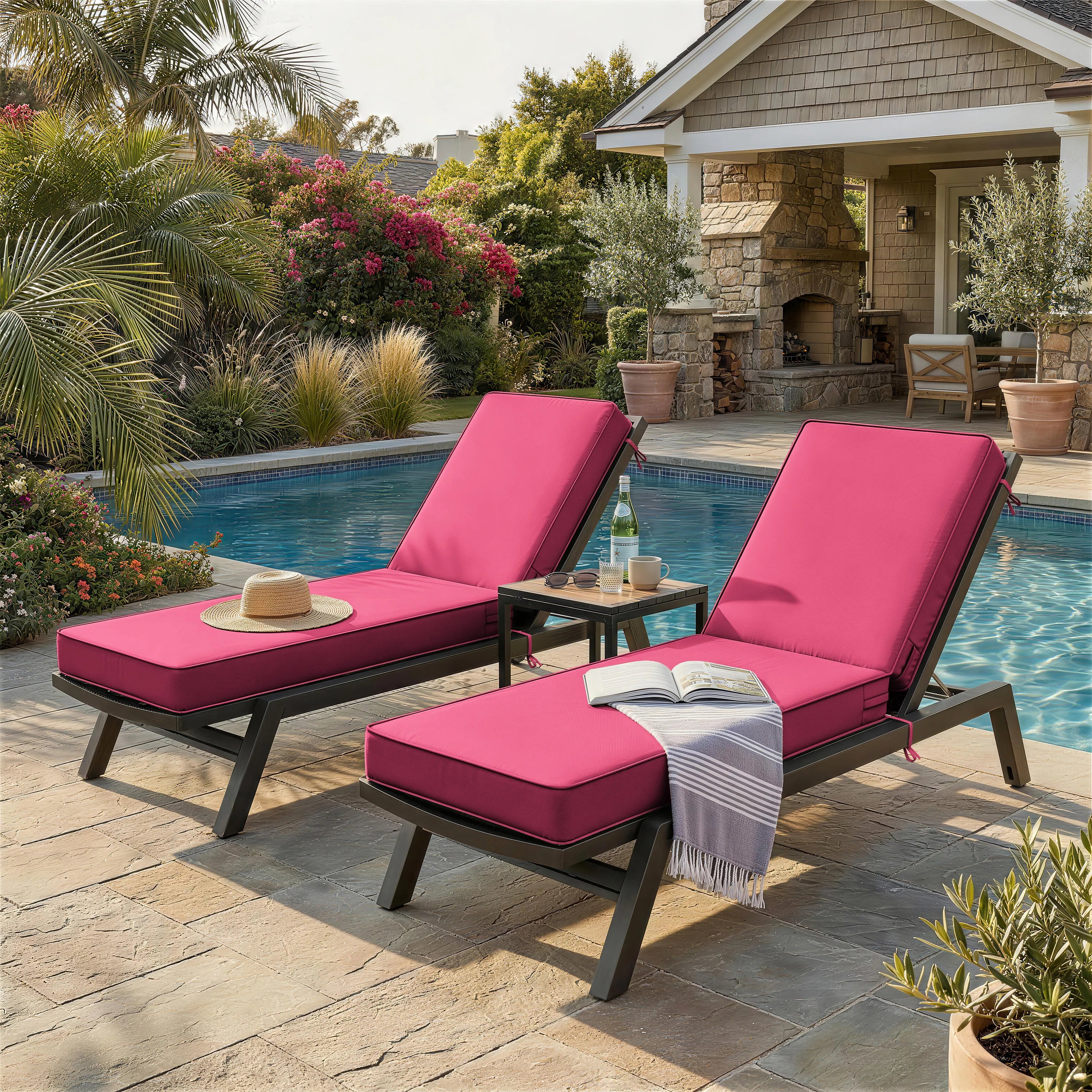 2 Pack Outdoor Chaise Lounge Cushions Pink