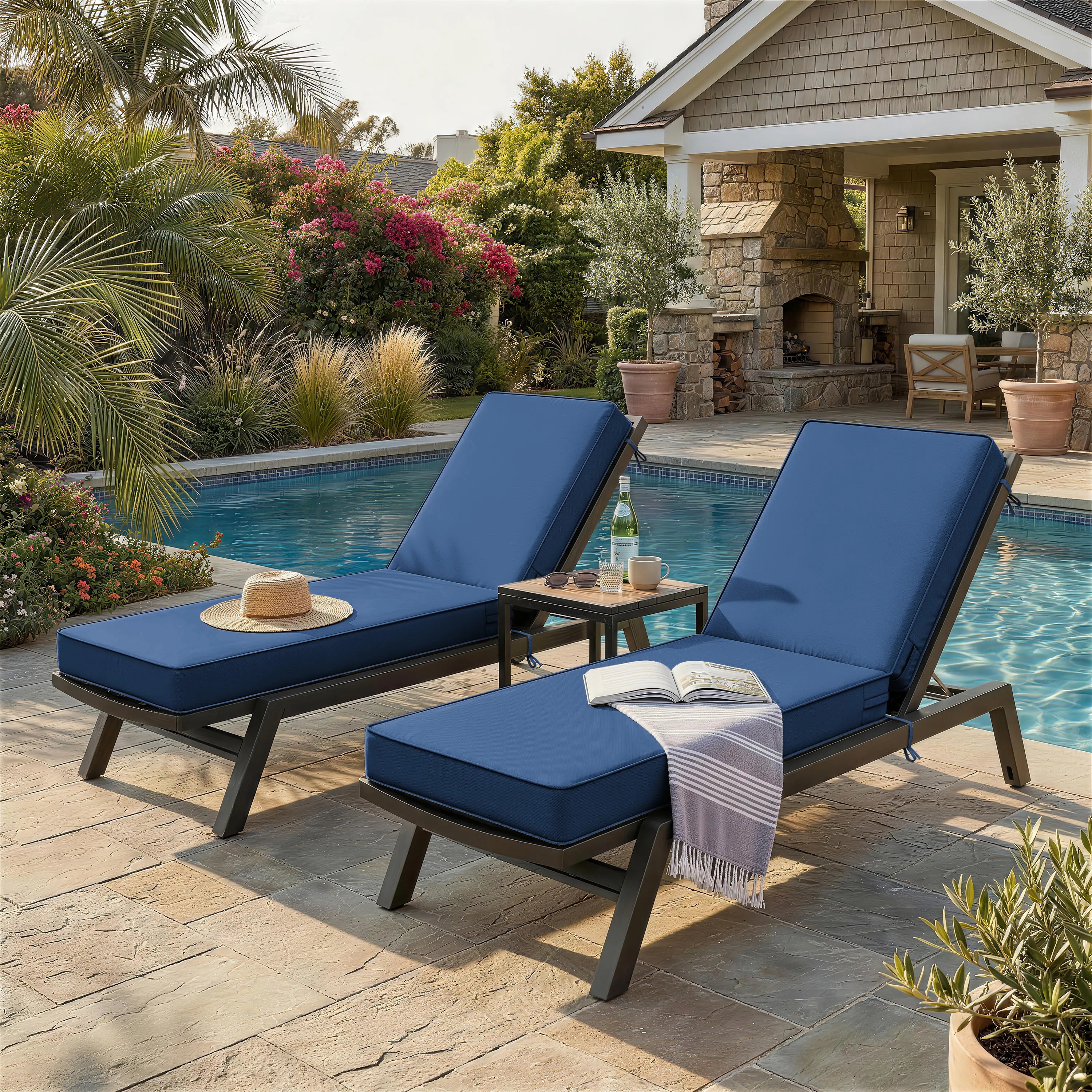 2 Pack Outdoor Chaise Lounge Cushions Blue