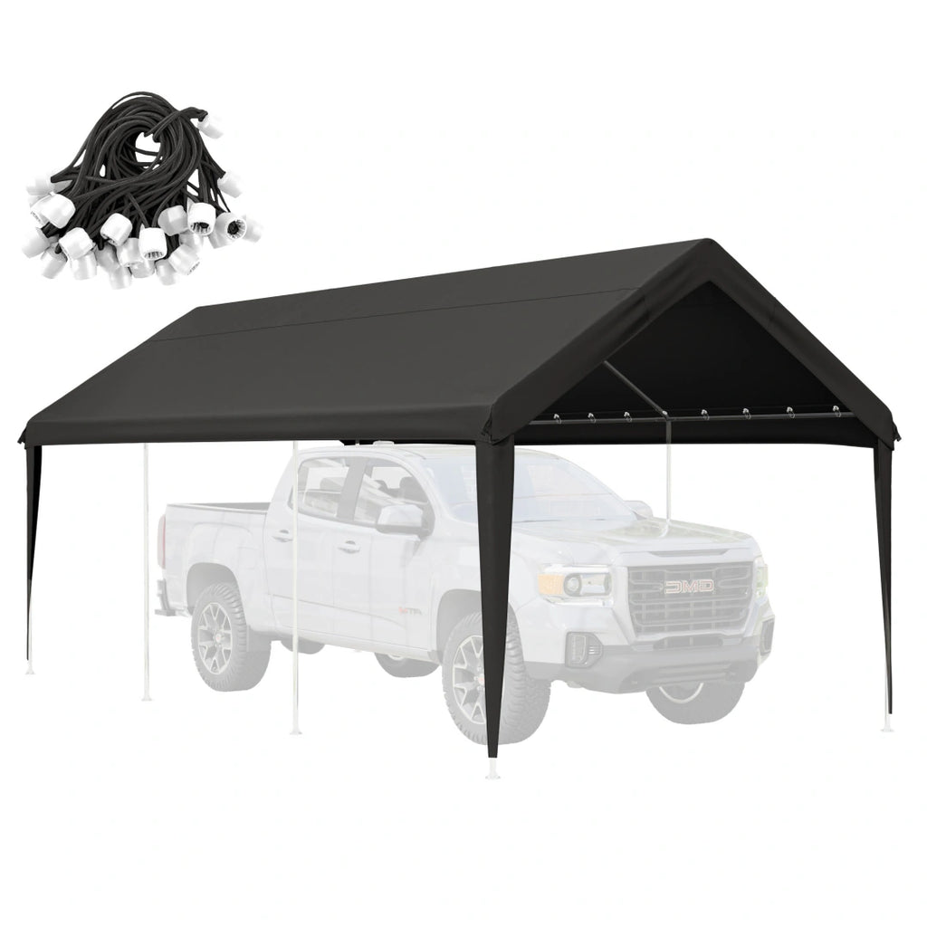 Charcoal black heavy duty carport cover with waterproof UV-resistant fabric and elastic ball bungees for outdoor vehicle shelter.