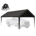 Charcoal black heavy duty carport cover with waterproof UV-resistant fabric and elastic ball bungees for outdoor vehicle shelter.