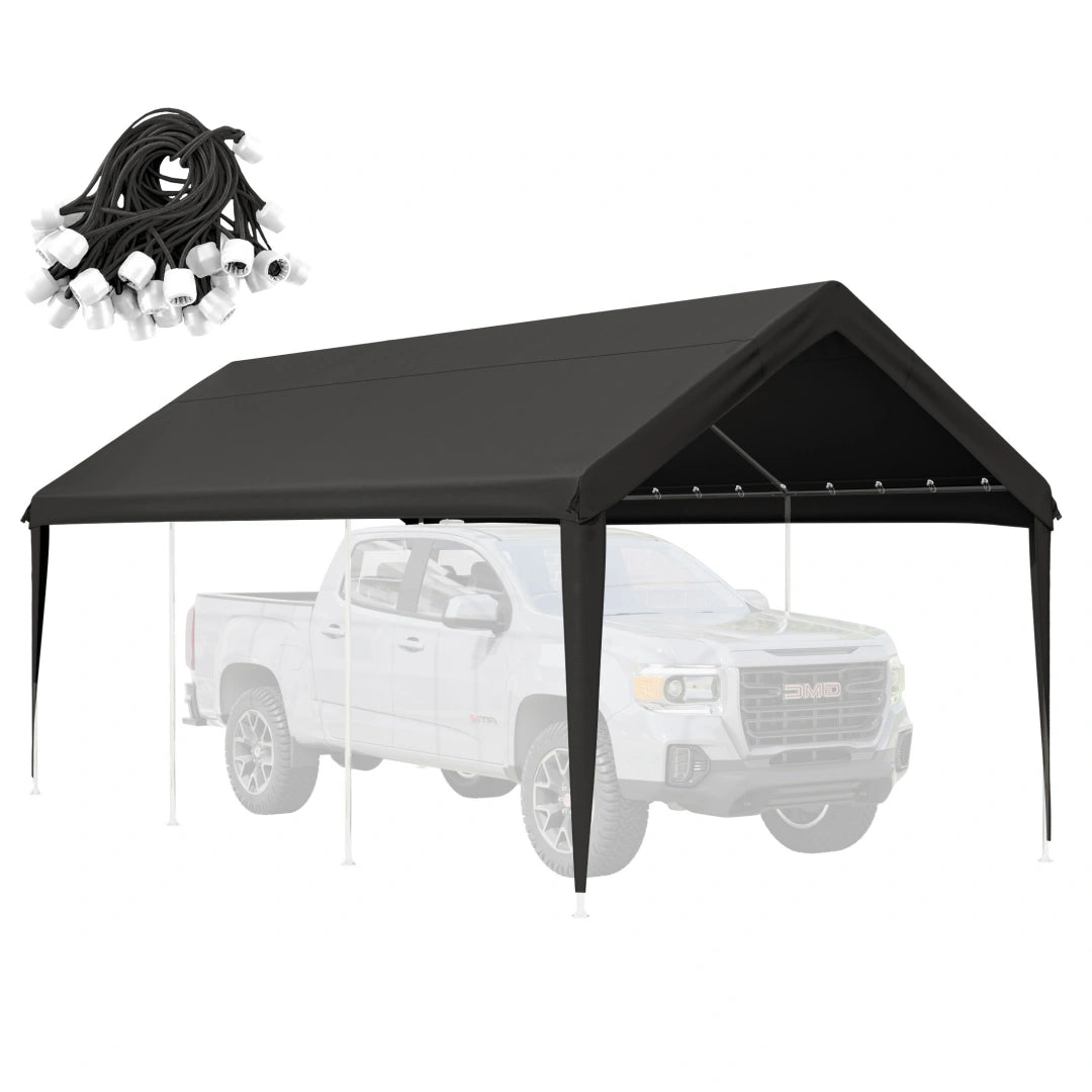 Charcoal black heavy duty carport cover with waterproof UV-resistant fabric and elastic ball bungees for outdoor vehicle shelter.