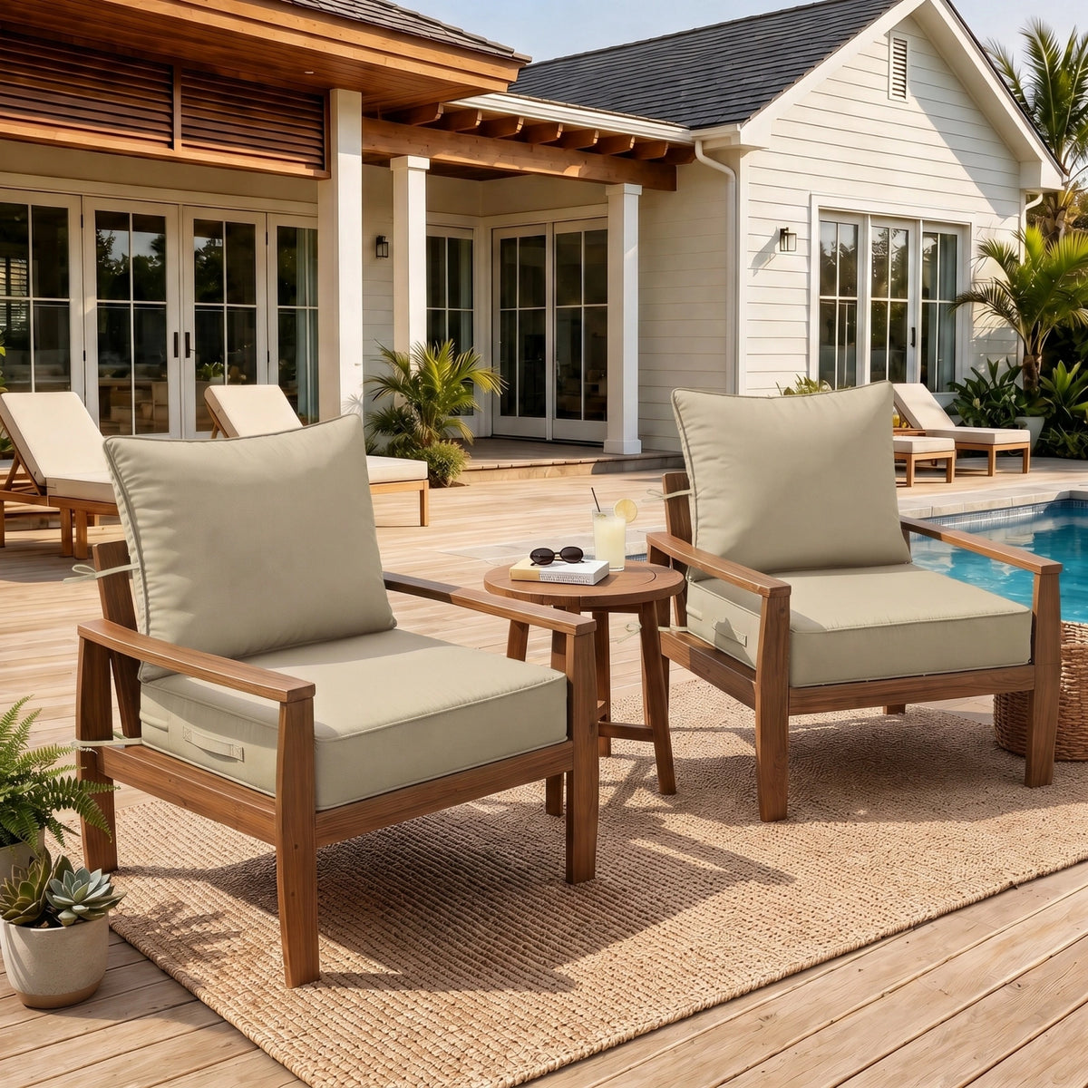 cream 2 piece outdoor deep seat cushion set arranged on patio chairs for comfortable outdoor seating.