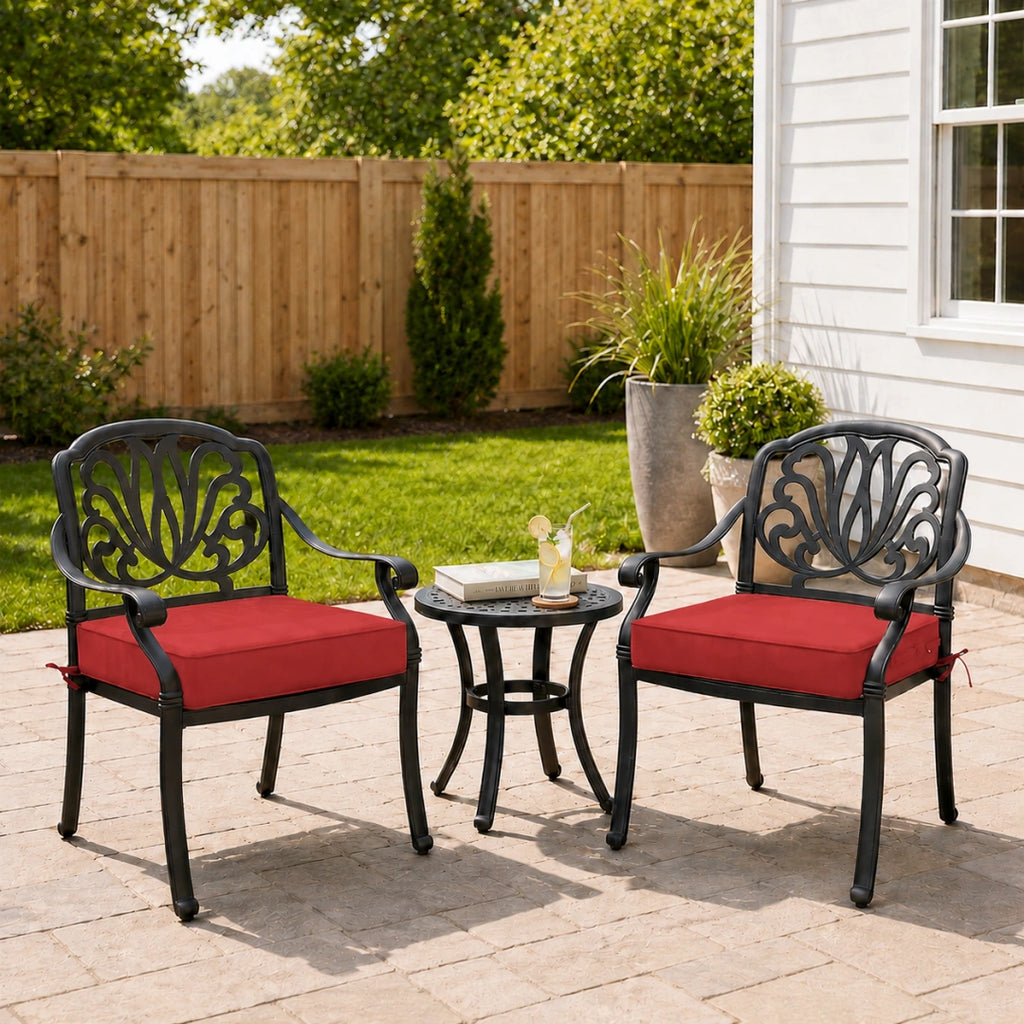 deep seat outdoor chair cushions in red on decorative metal chairs, perfect for backyard patio furniture styling