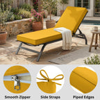 Yellow cushioned outdoor lounge chair with close-up details on a patio setting