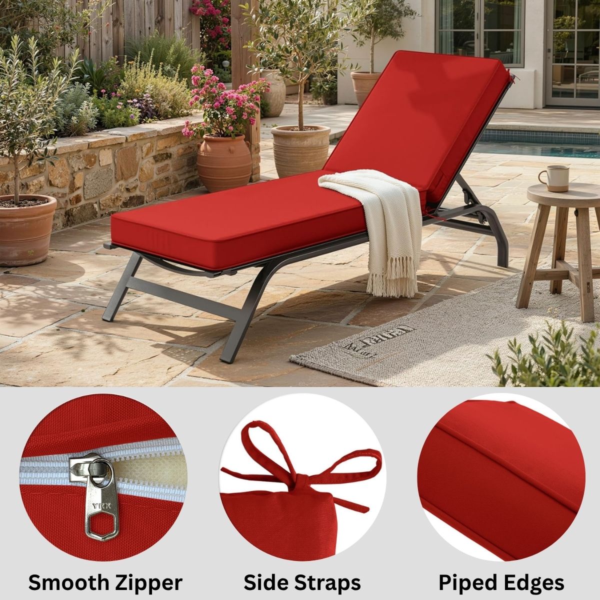 outdoor chaise lounger with red cushion on a patio