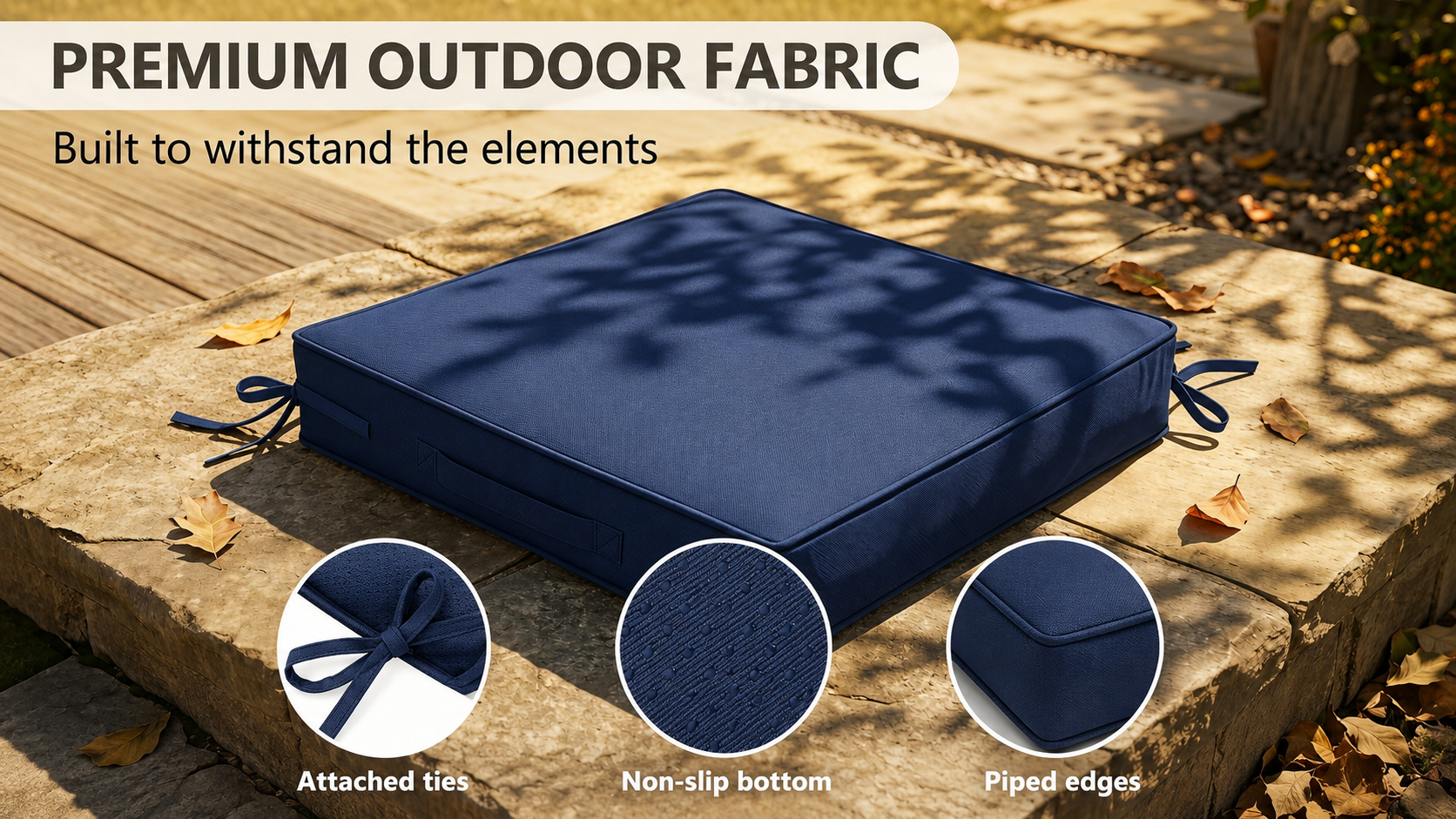 Durable outdoor cushions with weather-resistant fabric, attached ties, non-slip bottom, and piped edges for patio furniture