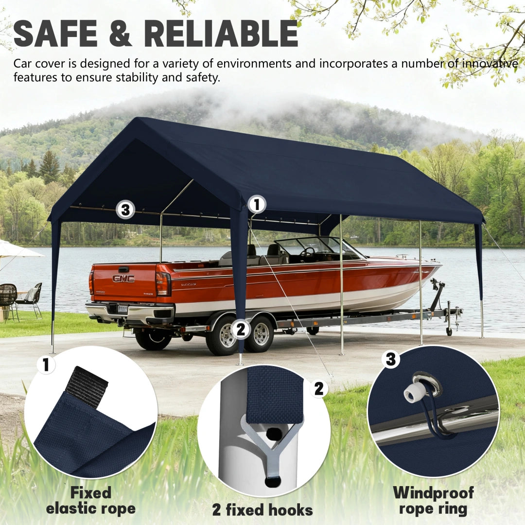Easy to assemble carport replacement cover with elastic rope setup, hook attachment, and simple cover-only installation.