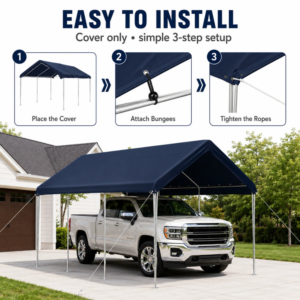 Easy to install carport replacement cover with 3-step setup, elastic bungees, and rope tightening for secure use.