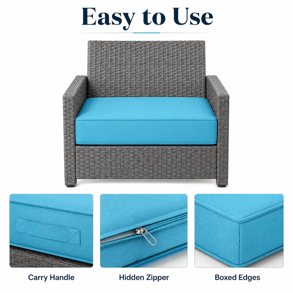 Aqua-blue outdoor seat cushion on gray wicker chair, highlighting carry handle, hidden zipper, and boxed edges for easy use and maintenance.