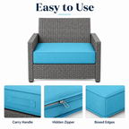 Aqua-blue outdoor seat cushion on gray wicker chair, highlighting carry handle, hidden zipper, and boxed edges for easy use and maintenance.