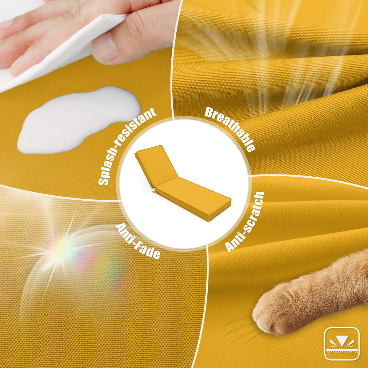 outdoor fabric of a yellow chaise cushion with highlighting features like breathability, anti-fade, and anti-scratch.