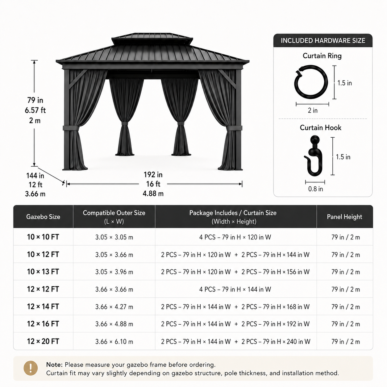 Gazebo curtain size guide showing compatible gazebo sizes, curtain panel dimensions, and included ring and hook hardware for outdoor blackout curtains