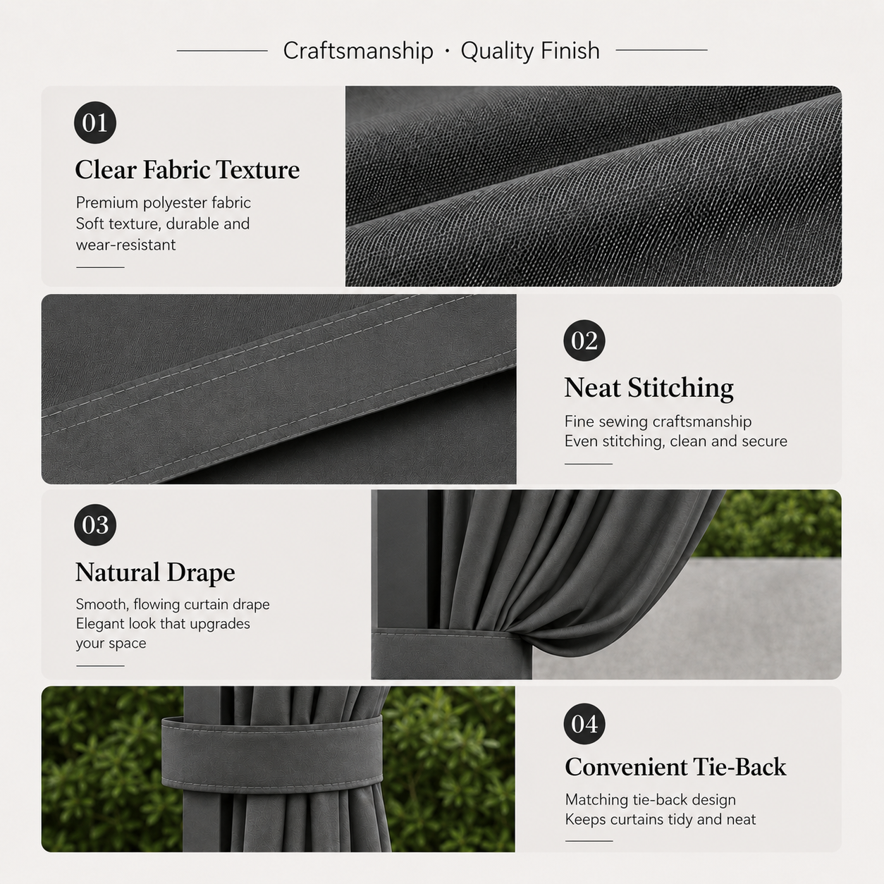 Close-up details of gray gazebo curtains with polyester fabric texture, neat stitching, natural drape, and tie-back design.