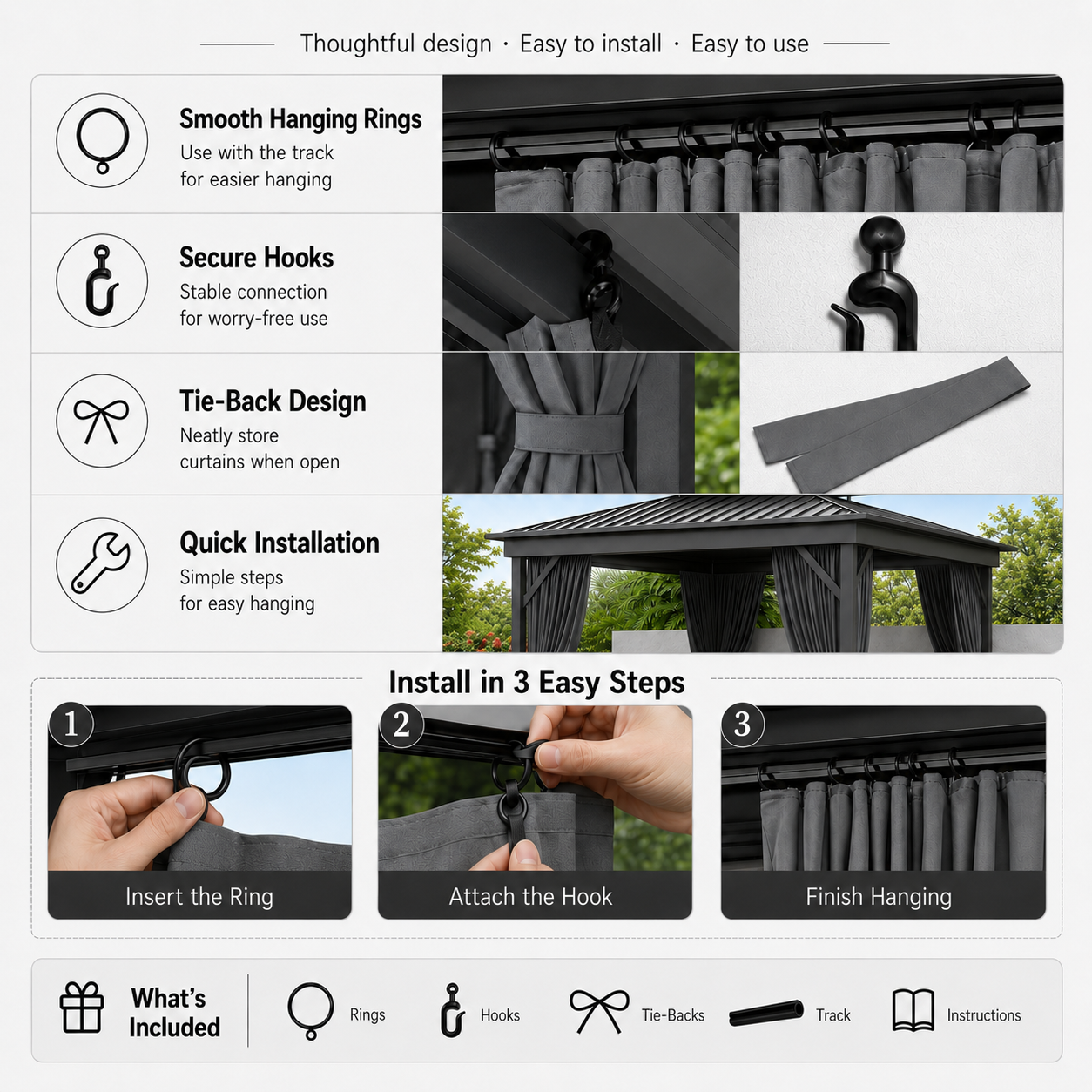 Easy installation gray gazebo curtains with hanging rings, secure hooks, tie-backs, track, and accessories.