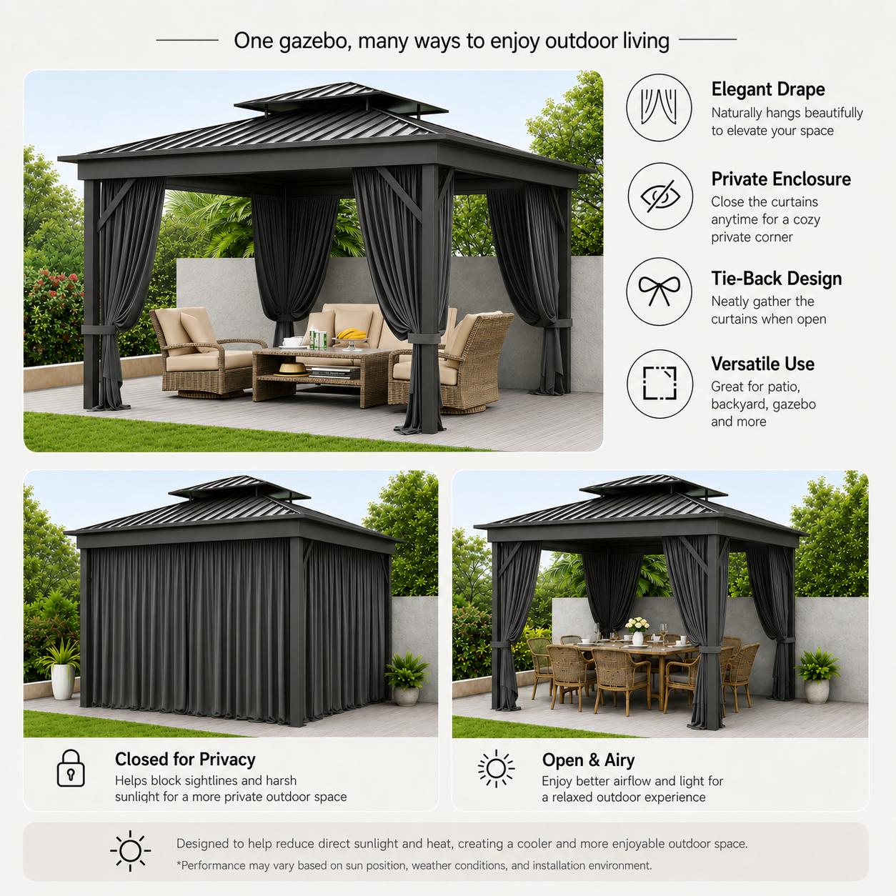 Gray gazebo curtains shown open and closed for patio shade, privacy enclosure, and outdoor living comfort.