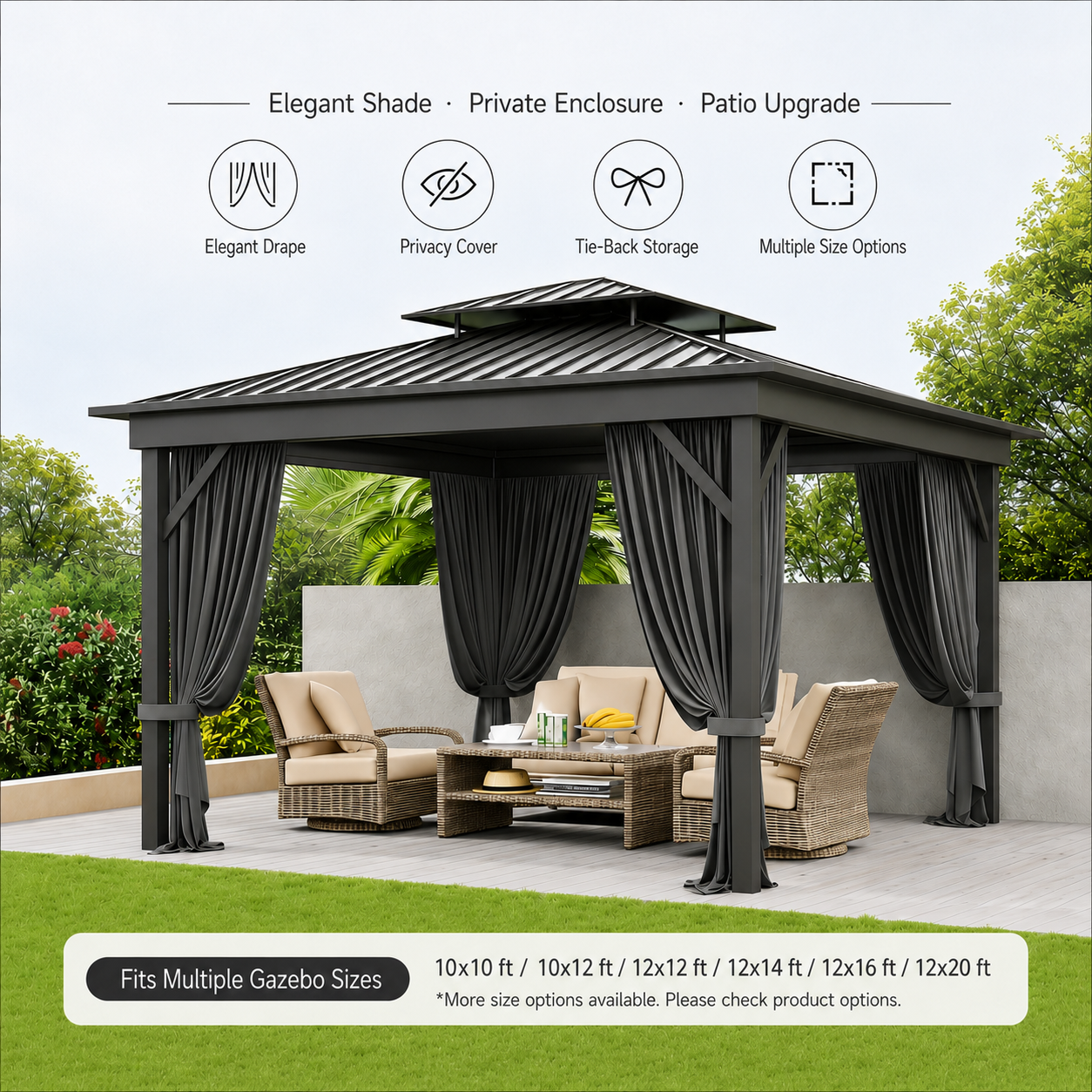Gray gazebo curtains for outdoor patio gazebo, offering elegant shade, privacy cover, tie-back storage, and multiple size options.
