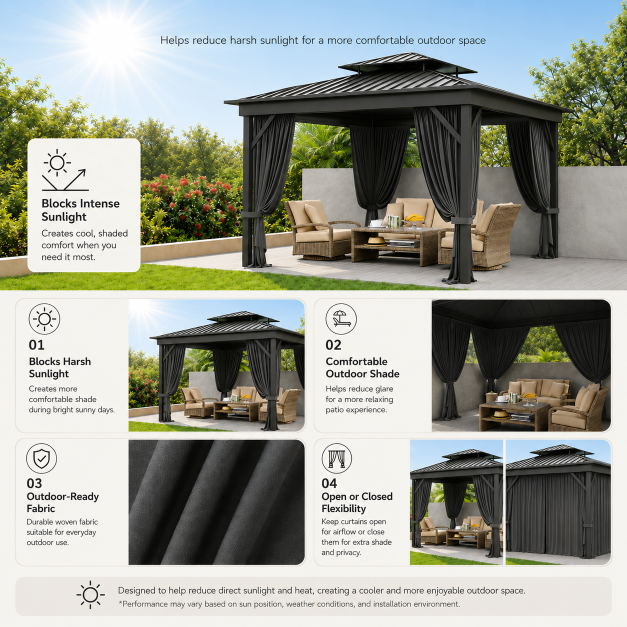 Gray outdoor gazebo curtains help reduce harsh sunlight and create a cooler shaded patio space.