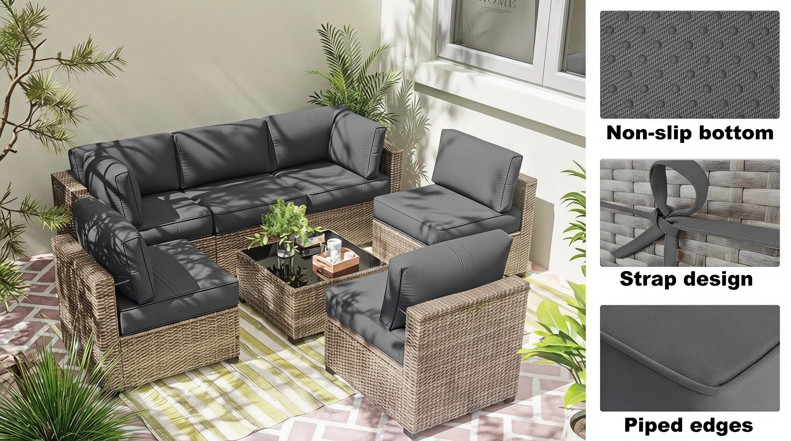 Gray outdoor patio cushions with non-slip bottoms, secure straps, and reinforced piped edges on wicker patio furniture.