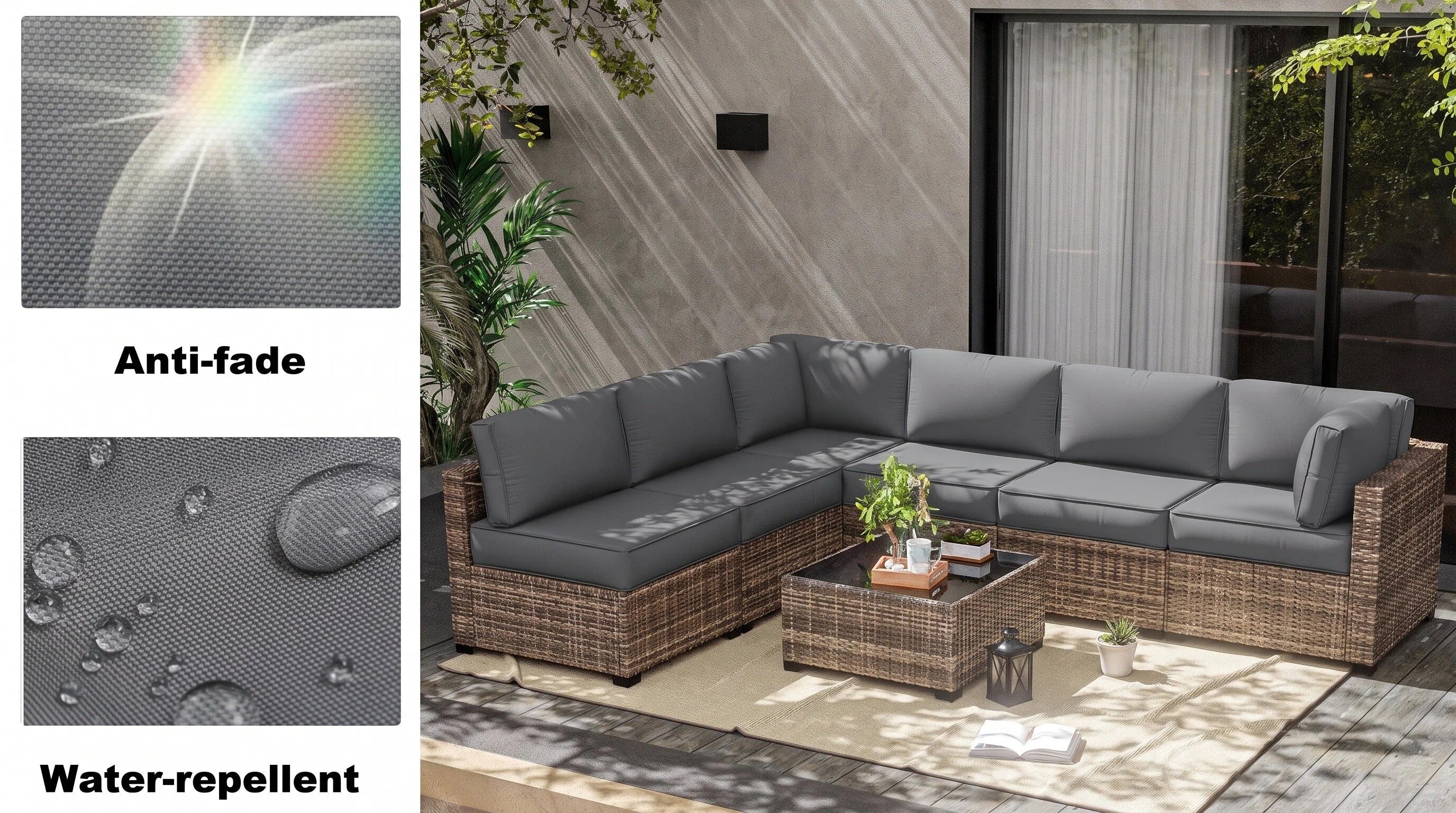 Gray outdoor sectional patio cushions with anti-fade and water-repellent fabric on a wicker patio sofa.