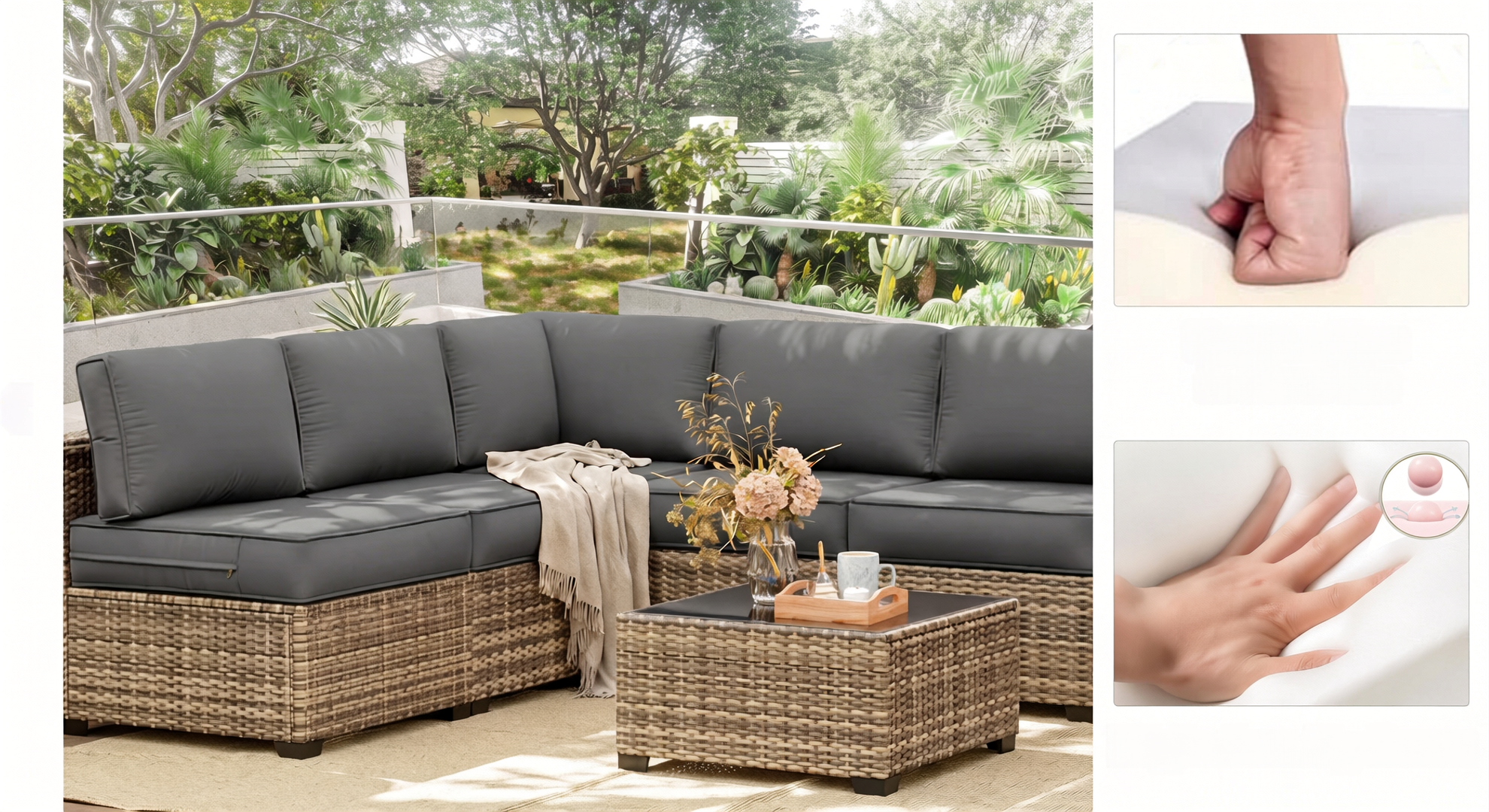 High-density foam patio cushions in gray for an outdoor wicker sectional sofa, designed for supportive and durable seating.